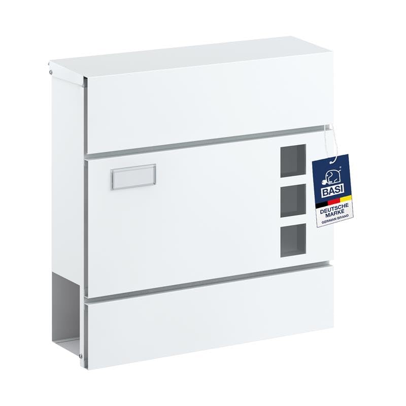BASI | Briefkasten mit Softclose Klappe Sichtfenster & Namensschild | DIN A4 Einwurf | inkl. 2 Schlüssel | integriertes Zeitungsfach | H37 x B37 x T10 4 cm | weiß | Wandbriefkasten Postkasten
