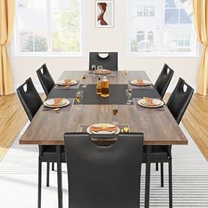 7PCS Dining Table Set for 4 5 6 People with Chairs,70in Kitchen Dinner Table W/Waterpoof Wooden Tabletop,6PCS Upholstered PU Chairs,Rectangular Wood Tables W/Adjustable Leg for Home Dining Room