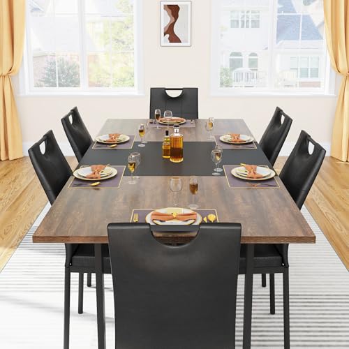 7PCS Dining Table Set for 4 5 6 People with Chairs,70in Kitchen Dinner Table W/Waterpoof Wooden Tabletop,6PCS Upholstered PU Chairs,Rectangular Wood Tables W/Adjustable Leg for Home Dining Room