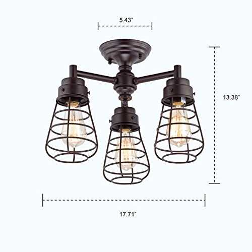 Image of Dazhuan Vintage Metal Cage 3-Light Ceiling Light Chandelier Semi Flush Mount Lamp, Oil Rubbed Bronze