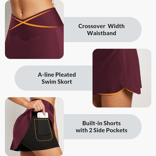Baleaf Women'S Swim Skirt Bottoms High Waisted Bathing Suit Swimsuits Skirts Pleated Athletic Skorts With Pockets Wine Red M thumb #2