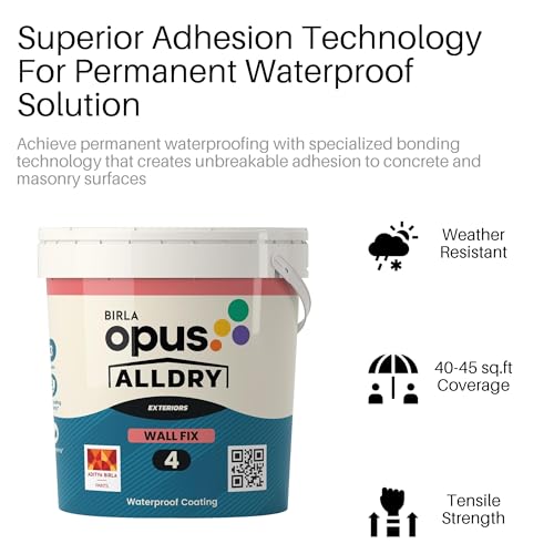 Image of Birla Opus Alldry Wall Fix 4 Waterproof Coating (10L, White)-5 Bar Hydrostatic Pressure Resistance-5 Year Warranty Basecoat-Vertical Outside Walls, Parapet, Sunshades-Acrylic Fibre Reinforced