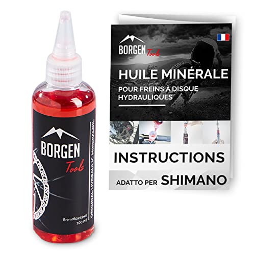Borgen Huile minérale adaptée aux freins à disque hydrauliques Shimano - 100 ml de liquide de frein pour plusieurs purges - compatible avec le kit de purge Shimano pour freins de vélo - rouge Cover