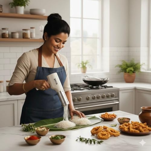 Image of EKIY Electric 12 Mould Stainless Steel Idiyappam,Noolappam,Muruke,Noodles,Pasta Maker Machine | 50Watts Power|50 Times for Full Charge| 1500Mah Type-C Cordless |Wireless Portable (12 Mould White)