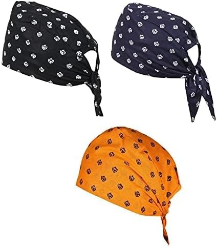 KRISHANA EXPORT STORE 3 Piece Khanda Printed 100% Cotton Adjustable Patka, Bandana, Skull Cap for Men & Women (Black, Blue, Kesari), Black, Blue and Orange, M