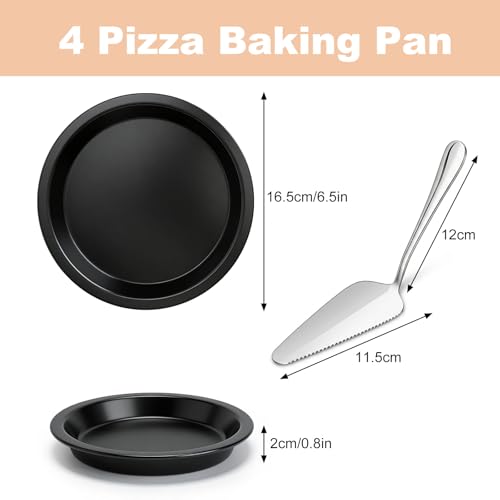 DAWRIS Zestaw 4 foremek do pieczenia pizzy 16 cm, okrągłe, ze stali węglowej, mini blacha do pizzy, nieprzywierająca, patelnia do pizzy, ciasta i sernika, w zestawie nóż do ciasta, idealne do