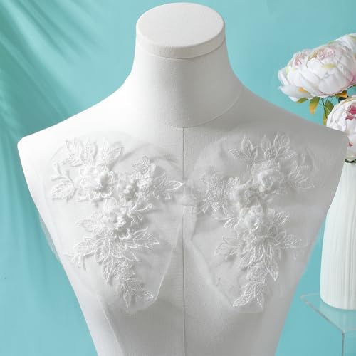 CABODYALS 2 works 4Pcs White 3D Flower Lace Applique Vintage Floral Embroidery Appliques Fabric Collar Sew on Embroidered Tulle Patches for Sewing Making Diy Crafts Dresses Wedding Party Bag Decor - Image 4