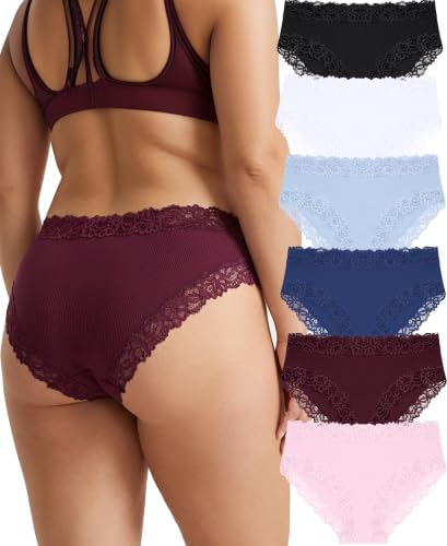 Image of Knowyou Cotton Underwear for Women No Roll Soft Panties No Dig Lace Waist Hipster Breathable Cheeky Lingerie for Women