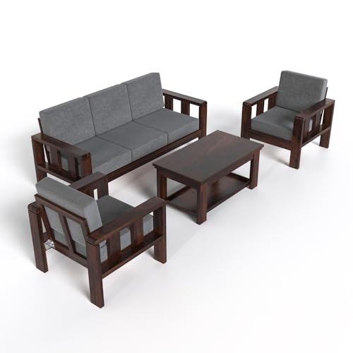 Image of Sheesham Wooden Sofa Set 5 Seater Sofa for Living Room | Solid Wooden 5 Seater Sofa Set 3+1+1 Sofa for Home & Office in Walnut Finish | sheesham wood