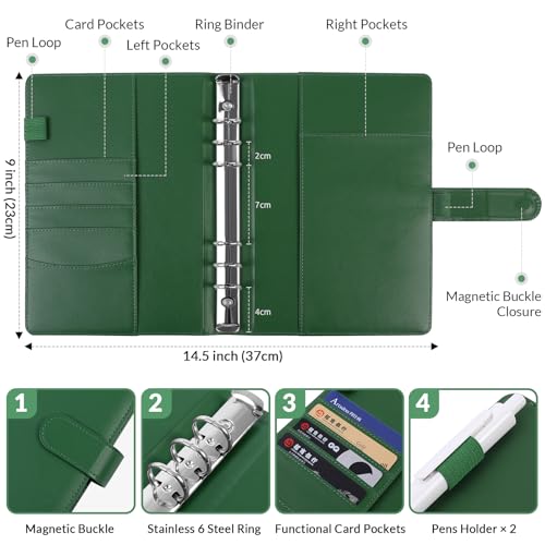 SKYDUE Ringbuch A5 Kunstleder, Budget Binder, Ordner (Innenpapier Nicht Enthalten), Organizer Für Büro Schule Und Reisearbeit(Dunkelgrün)