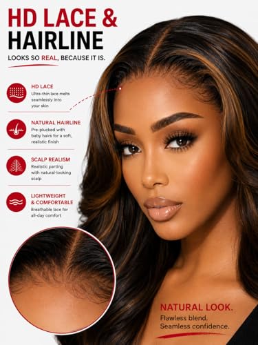 Image of Beauty Forever Bye Bye Slip Glueless Human Hair Wig for Black Women-Body Wave HD Lace Wig with Golden Brown Highlights,Pre Cut & Pre Plucked,Invisi Drawstring Secure Fit,7x5 Lace,150% Density 18inch