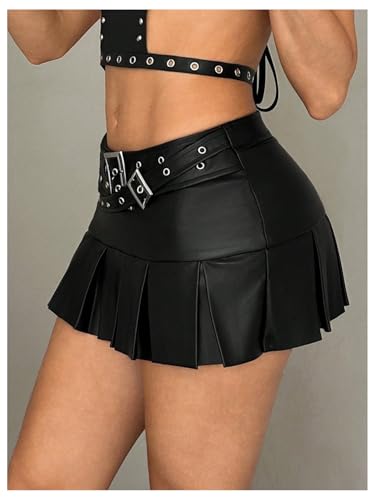 WDIRARA Women's PU Leather Buckle Belted Low Rise Skirt Y2k Pleated Mini Skirt4