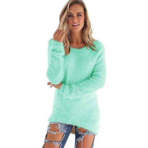 Long Knitted Jumpers for Women Ladies Oversized Crew Neck Longline Jumper Womens Chunky Pullover Sweaters Baggy Thick Jumpers Mohair Sweater Fluffy Casual Loose Plain Knitwear Winter Pretty Green L Cover