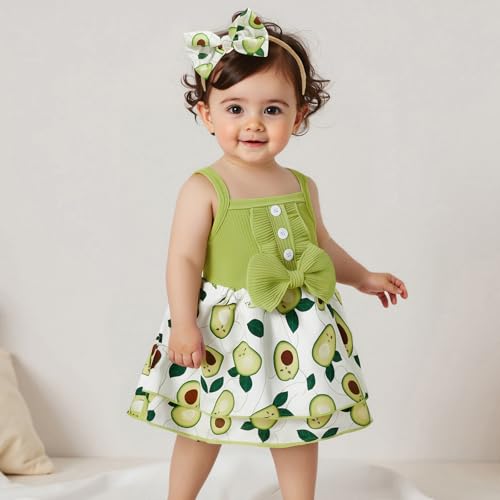 Kayotuas Newborn Baby Girl Summer Clothes Romper Dress Fruit Print Sleeveless Square Neck Bow Jumpsuit Bodysuit with Headband2