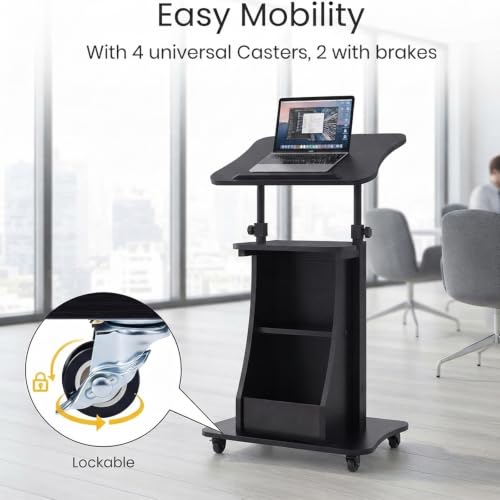 Image of POWERSTONE Sit to Stand Mobile Lectern Teacher Podium Portable Height Adjustable Podium Stand Rolling Laptop Desk Cart with Storage Shelf Swivel Top for Classroom, Concert, Church