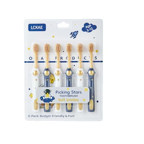 LCKAE 6PCS Kids Space Design Toothbrush, Soft Bristles, Ages 3-12 Years (Blue White)
