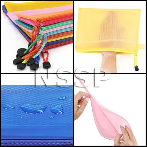 Image of Zipper Pouch Waterproof Plastic Pouches for Travel, Document and Cosmetics | Transparent Mesh Zipper Pouches for Stationary (Pack of 5, A3, A4 and Cheque Size Combo)