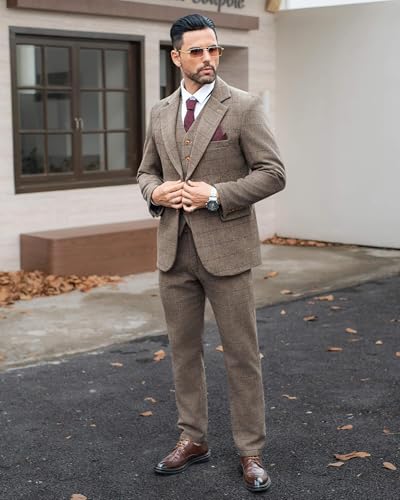 Wemaliyzd Vintage Men's Suit 3 Piece Plaid Tweed Herringbone Suits for Wedding Business Blazer Vest Pants3