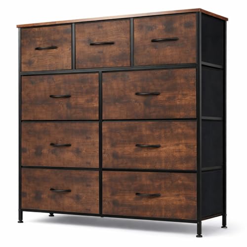 DUMOS Kommode mit Schubladen - Kommoden & Sideboards für Schlafzimmer Geeignet, Komodenschrank mit 9 Schubladen, Stoffkommode mit Stabilem Stahlrahmen, Ideal für Schlafzimmer, Wohnzimmer(Vintagebraun)