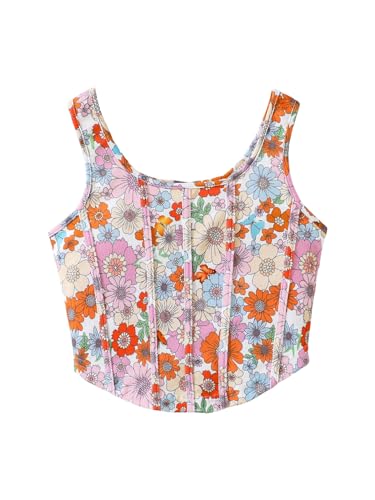 WDIRARA Girl's Floral Print Tank Top Scoop Neck Sleeveless Asymmetrical Crop Top