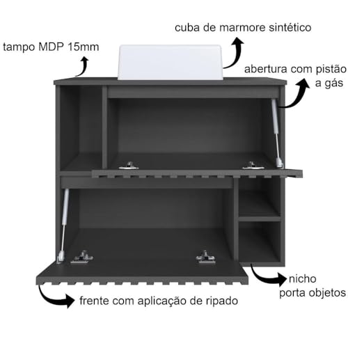 Gabinete de Banheiro Suspenso 75cm Luiza com 2 Portas Basculante com Cuba Grafite