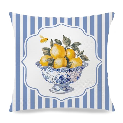 Image of Chinoiserie Lemon Summer Pillow Cover 18x18,French Country Lemon Home Decor,Farmhouse Blue and White Striped Fruit Botanical Decorative Lumber Throw Pillow Cover for Home Bedroom Living Room
