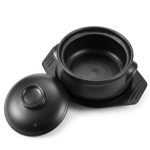 XLEIJONT 1 Pcs Korean Stone Pot Clay Cooking Pot Set 38 oz Heat Resistant Ttukbaegi Ceramic Dolsot Bowl with Lid & Trivet ideal for Bibimbap Korean Soup Stew Ramen & Rice