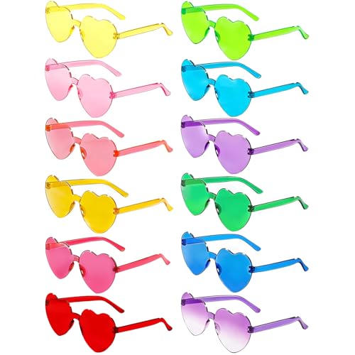LYMOJOR 12 Pairs Heart Sunglasses for Women Candy Color Rimless Fun Heart Glasses for Women Party Favors