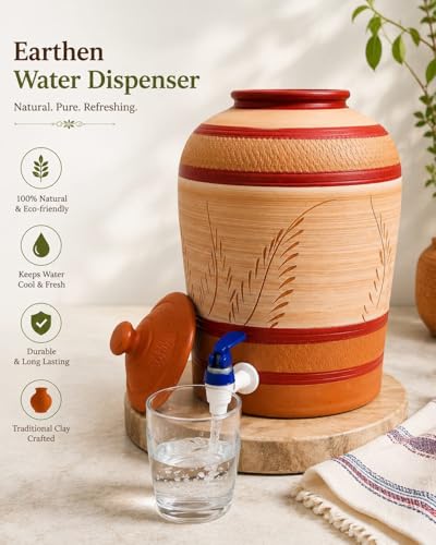 Image of 8L Earthen Water Dispenser with Tap and Lid | Handmade Terracotta Clay Matka | Natural Cooling Water Pot