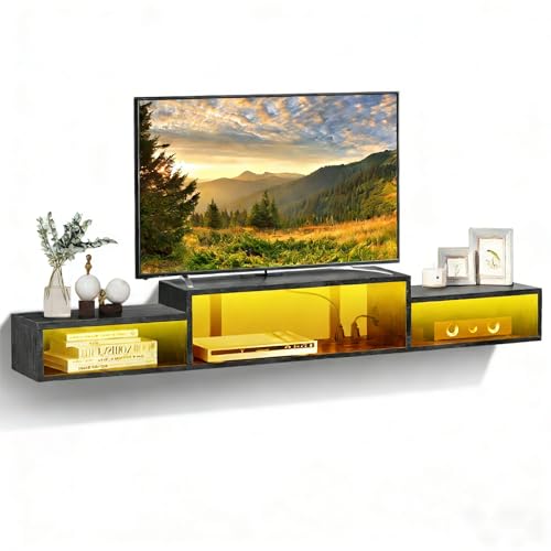 Recopilación de Centro de Entretenimiento Flotante Top 10. 41 LOKOOY Mueble Flotante para TV 70' con Luces LED, Repisas Flotantes para TV -Ideal Almacenamiento Debajo, con 4 Enchufes y 3 Espacios Abiertos, Sencillo y Ahorra Espacio, Negro