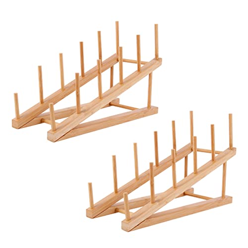 WEBEEDY 2 égouttoir à Vaisselle en Bois, Égouttoir à Vaisselle en Bois de Bambou Tout-en-Un, Support de Plaque Support de Couvercle de Pot Porte-Cuisine Armoire de Rangement Organisateur Assiette