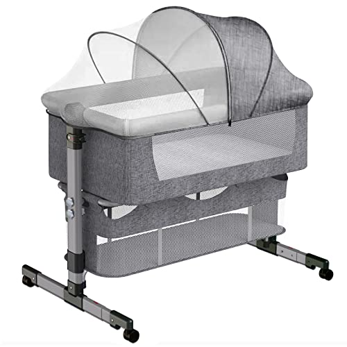 Image of Baby Bassinet , 2 Height Adjustable Baby Bed and Bedside Crib Bedside Sleeper, Portable Baby Crib, Baby Bedside Swingable Bassinet for New Born with Mattress, Breathable Net