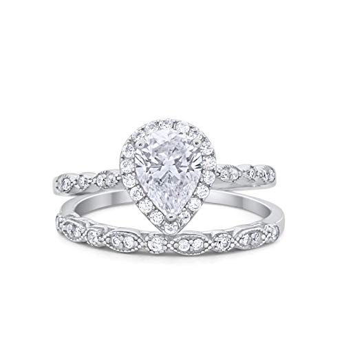 Blue Apple Co. Teardrop Art Deco Bridal Set Wedding Engagement Ring Band Pear Simulated Cubic Zirconia 925 Sterling Silver Size-6