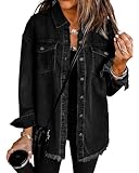 Women oversized denim jacket comes with collared neckline and button up design. Casual jean shacket for women. Country concert outfits for women. Long sleeve jean jacket with button finishes. Frayed raw hemline. Jean jacket for women. Boyfriend Denim...