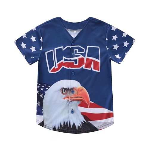 Image of 4th Of July Boys American Flag Button Up Baseball Jersey Shirt Shorts Set for 2-14 Years Kids Independence Day Outfit