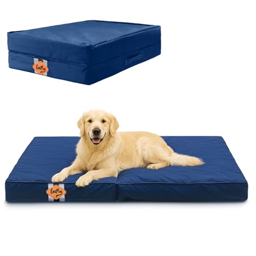 Image of Laifug Foldable Waterproof Dog Bed for Large Dogs - Outdoor Orthopedic Dog Bed with Washable Removable Cover, Pet Mattress with Handles, Navy Blue, (44 x 32 x 3.5 inches)