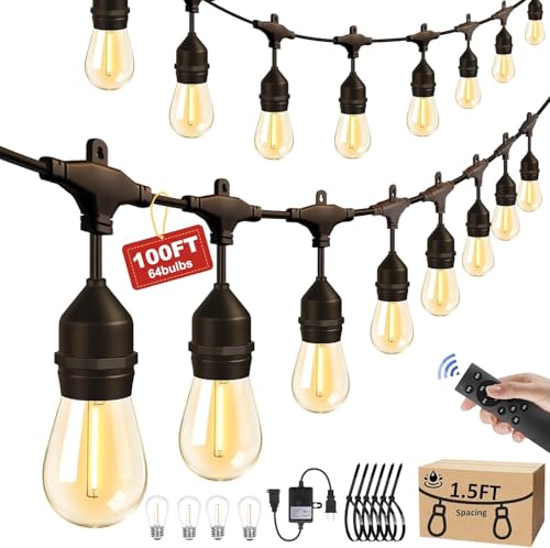100FT Outdoor String Light 64Bulbs (1.5FT Bulbs Spacing) 120W Dimmer Remote