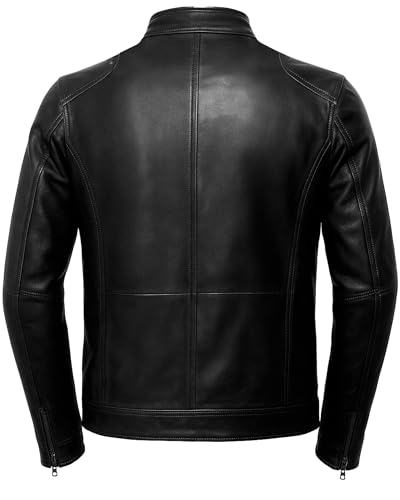 Image of fjackets Mens Leather Jacket - Real Lambskin Cafe Racer Moto Biker Stand Collar Jacket