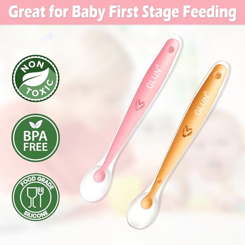 Image of GLUN Baby Feeding Spoons Pack of 2 Pink & Peach Colour, BPA Free, Feeding for Baby, Toddlers, & Children, Silicone Spoon