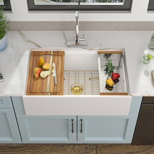 33 White Farm Sink Workstation - Fulorni 33 Inch Farmhouse Kitchen Sink Workstation with Slide Ledge Apron Front Reversible White Ceramic Porcelain Fireclay Single Bowl Farmer Style Basin