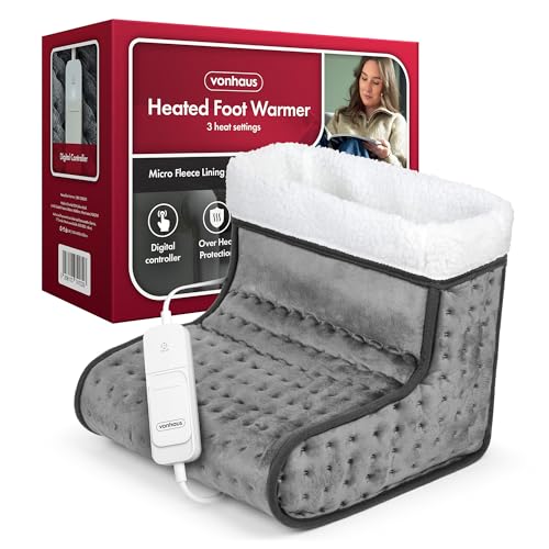 VonHaus Foot Warmer – Electric Heated Feet Heater – Fast Heat up, 3 Temperature Settings, Fleece Lining, Machine Washable, Auto Shut Off, Overheat Protection, for up to 12.5 Shoe Size, 2.3m Cable