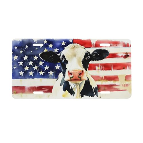 UEQIKI Watercolor Cow American Flag Front License Plate for Women Car Vanity Plates Decorative Aluminum Metal Cute Novelty License Plate Cover for Men 6x12 Inch (4 Holes)