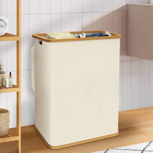 Panier à linge 140 2 bacs amovibles bambou RITA tissu écru - vue 2