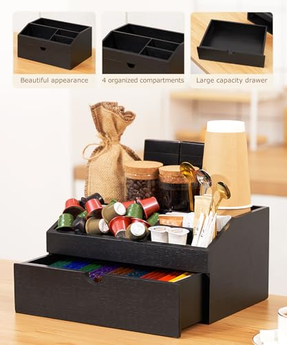 Cozivolife Coffee Bar Organizer Countertop with Drawer, Cafe Station Storage for Bar Accessories,Bamboo Espresso Bar Decor Holder for Bar Decor,Black - Thumbnail 6