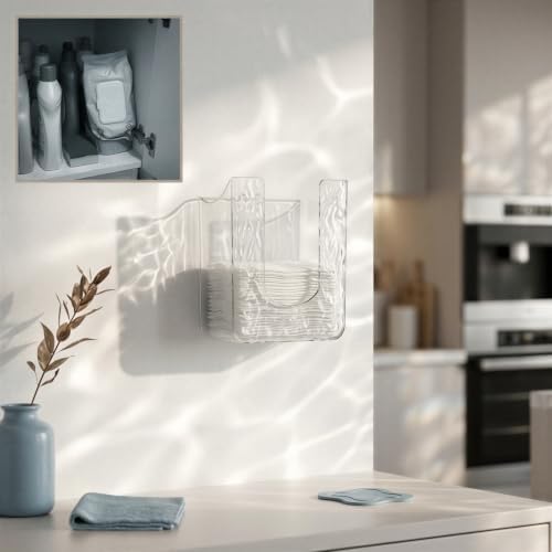 Kitchen Wipes Storage Box, Wall Mounted Clear Wipes Dispenser with Wave Pattern Design, Drill Free Upside Down Wipe Tissue Storage Box for Bathroom, Kitchen, Toilet, Facial Towel - 5