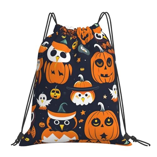 SHuWeiD Mochila de Halloween con cordón y estampado de calabaza, diseño de búho, fantasma, mochila casual con cordón, bolsa deportiva y fitness, color blanco, talla única, Blanco, talla única