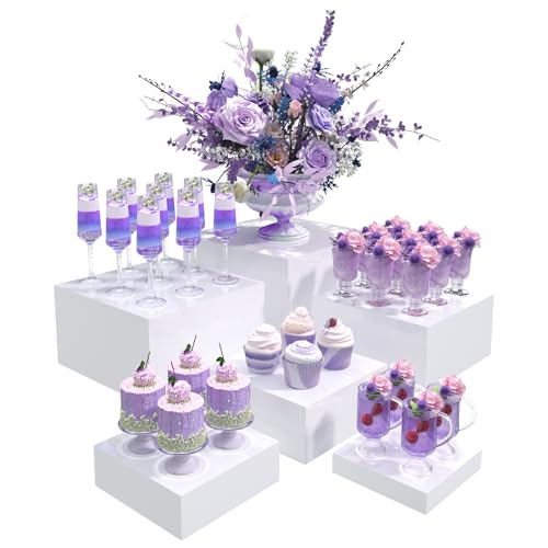 Buffet Risers, Food Display Risers for Party, White Acrylic Risers Display Stand for Buffet Table, Catering Displays for Dessert, Cube Box Nesting Riser with Hollow Bottoms (5'x6'x7'x8'x9'x10' 6 PCS)