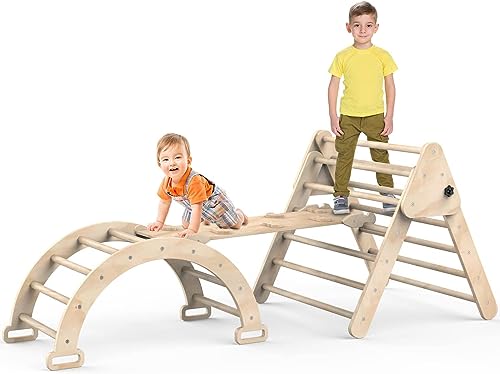 Image of Foldable Climbing Triangle Ladder Toys with Ramp for Sliding or Climbing, Set of 3 Wooden Safety Sturdy Kids Play Gym, Indoor Outdoor Playground Climbing Toys for Toddlers