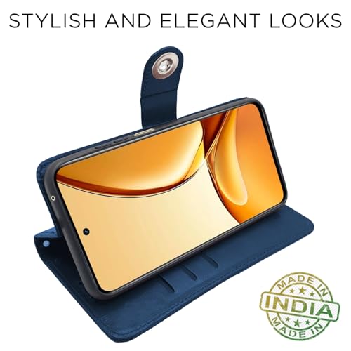 Image of Pikkme Flip Cover Leather Finish | Inside TPU with Card Pockets | Wallet Stand and Shock Proof | Complete Protection Button Flip Case for Realme C63 5G (Blue)