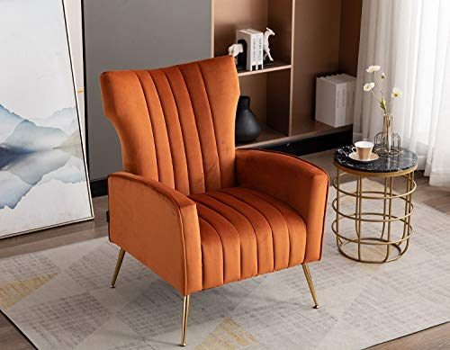 Artechworks Curved Tufted Accent Chair With Metal Gold Legs Velvet Upholstered Arm Club Leisure Modern Chair For Living Room Bedroom Patio, Caramel Color, Orange #TOP1